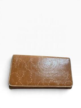 Tan Faux Leather Trifold Wallet Perforated Dot Design Clutch